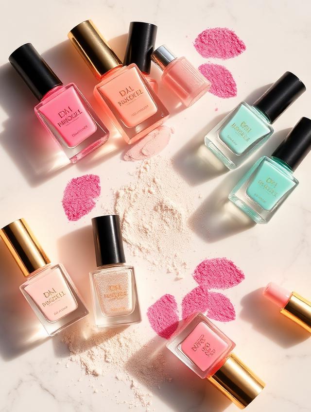 Flatlay de esmaltes de lujo y pigmentos sobre mármol crema
